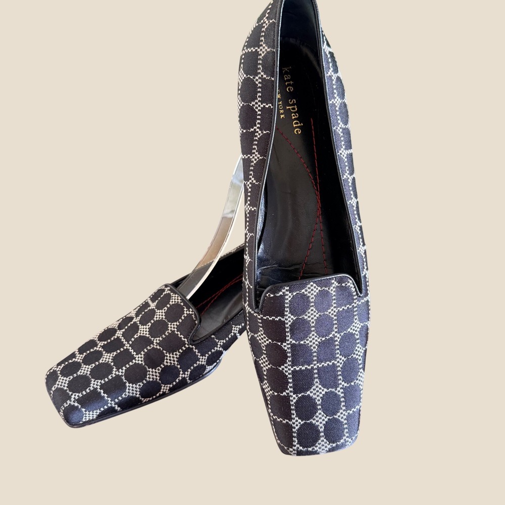 Vintage Kate Spade Noel Size 7.5B Black White Jacquard Square Toe Loafer Y2K Mod